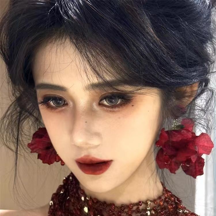 Burning Rose exaggerated wine red tassel earrings earrings flower ear studs