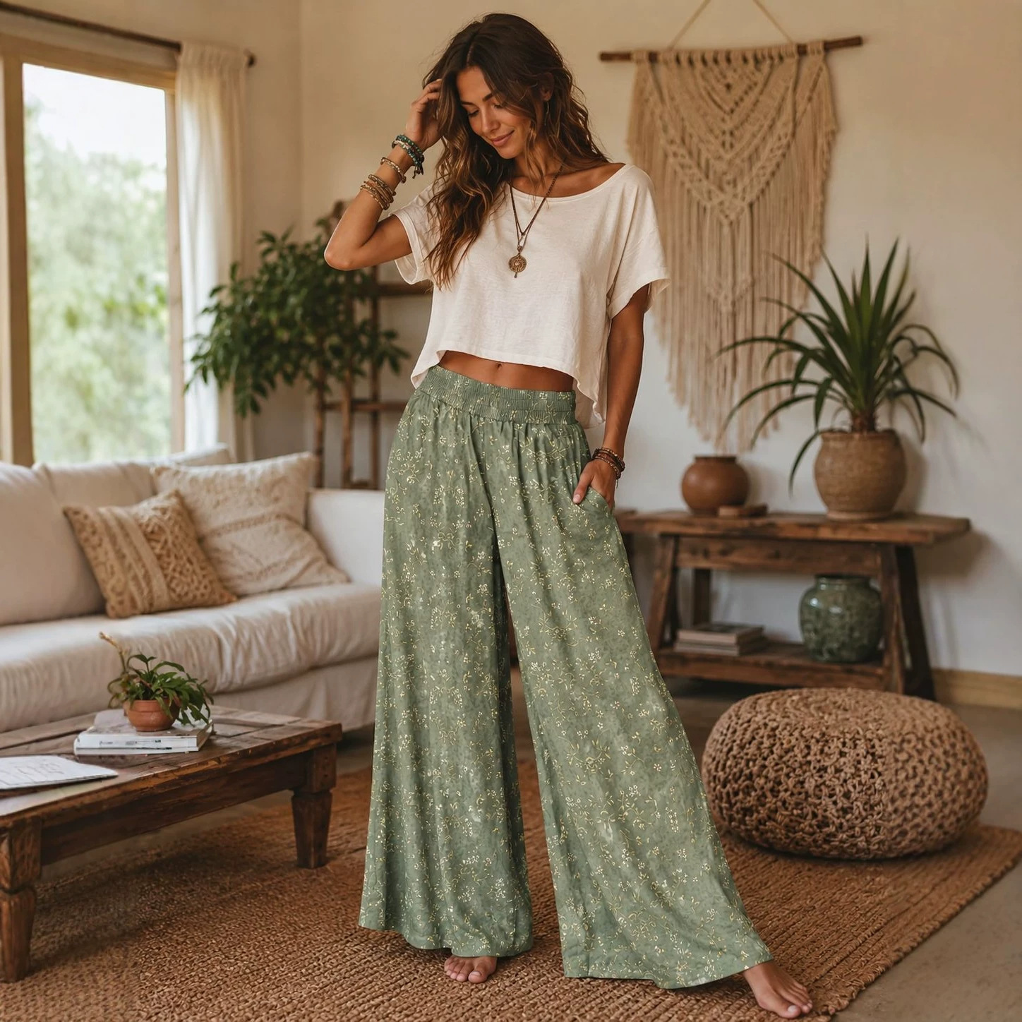 2026 Summer New Linen Printed Pants Commute Style High Waist Elastic Wide Leg Pants Women
