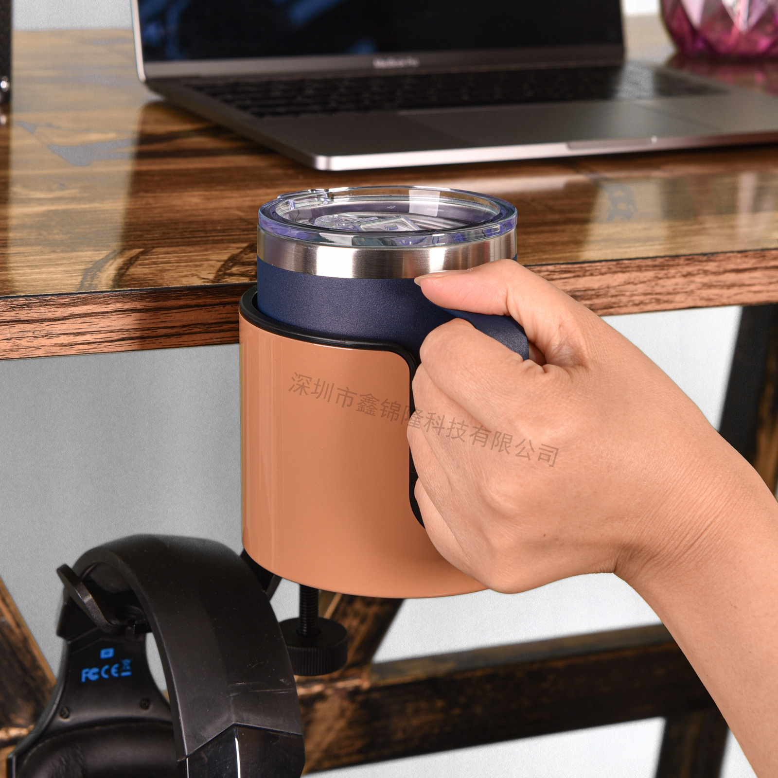 Aluminum alloy headphone stand, 360-degree rotating multifunctional no-drill desk edge cup holder and headphone hanger 2-in-1