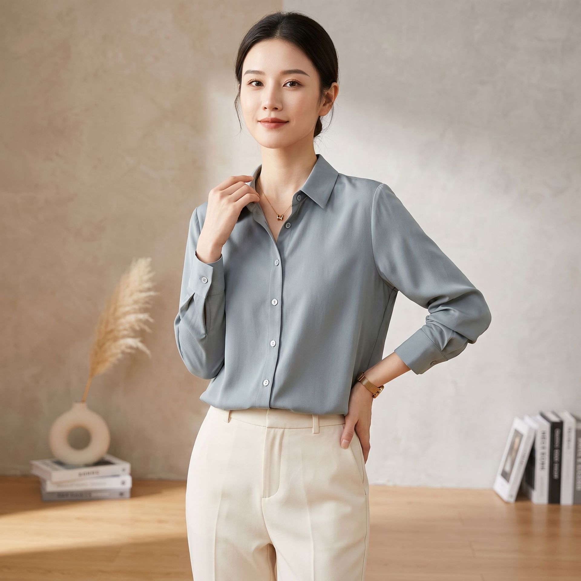 2026 Summer New Mulberry Silk Blouse for Women Long Sleeve Cardigan Shirt White Commute Square Collar Top