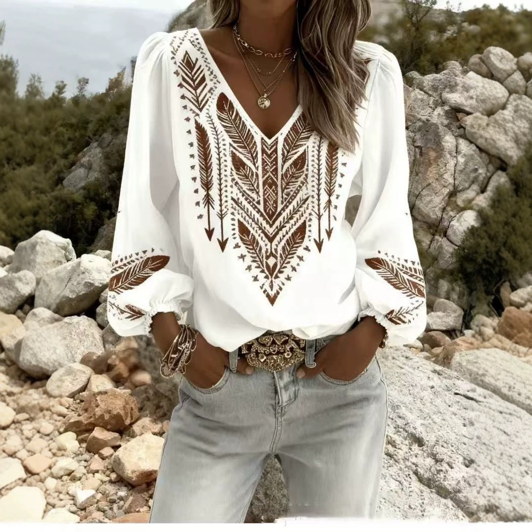 2026 Summer New Floral Festival Print V-Neck Long Sleeve T-Shirt Women's Top