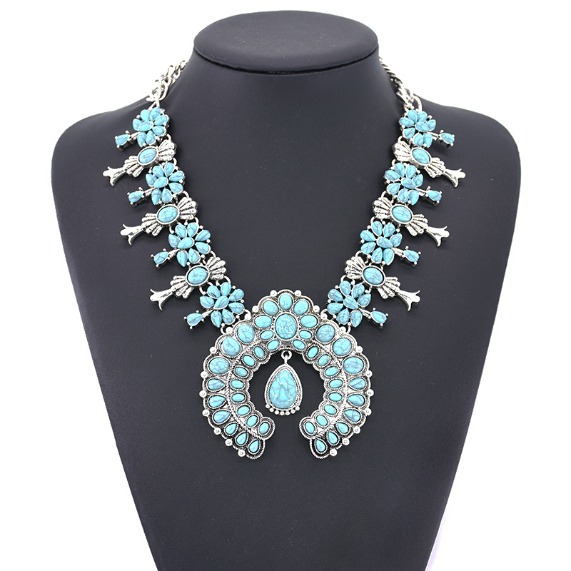 Big brand Bohemian style turquoise flower pendant alloy necklace eaby
