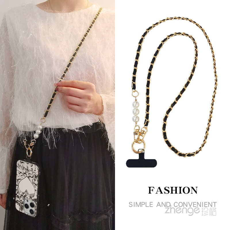 Diagonal crossbody pearl leather card chain phone lanyard women small fragrance long back strap metal chain Nordic style new