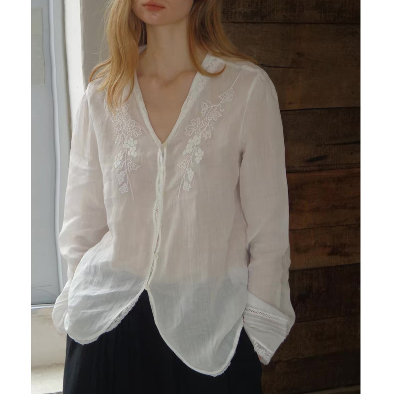 2026SS 100% Ramie Embroidered V-Neck Sheer Lace Trim Blouse