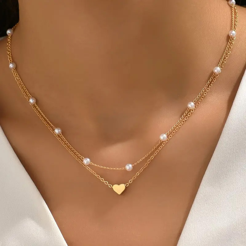 Jewelry Accessory Pearl Heart Pendant Necklace for Women Alloy Layered Collarbone Chain