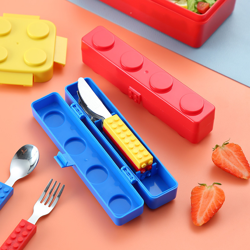 Baby stainless steel cutlery set, portable small spoon, fun children's puzzle building block fork and spoon set
