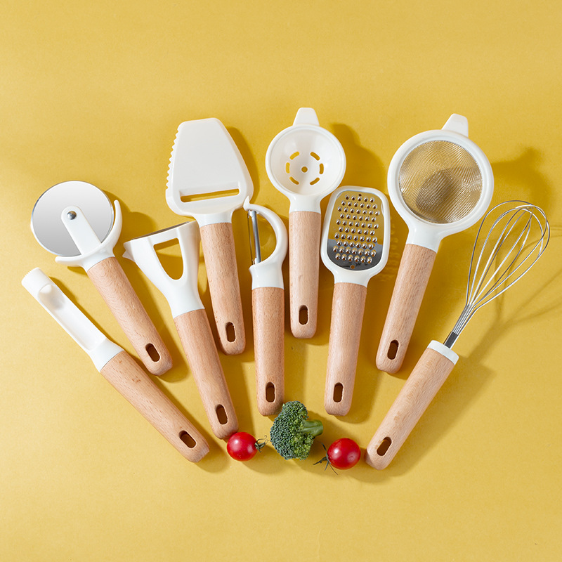 Wooden handle kitchen tool set multifunctional small tool storage rack grater egg beater bottle opener filter single piece