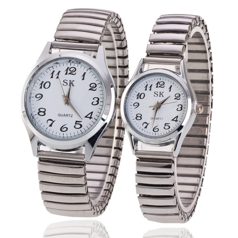 Middle-aged and elderly watch men's large dial women's watch steel strap spring elastic strap elderly watch activity gift quartz watch men's