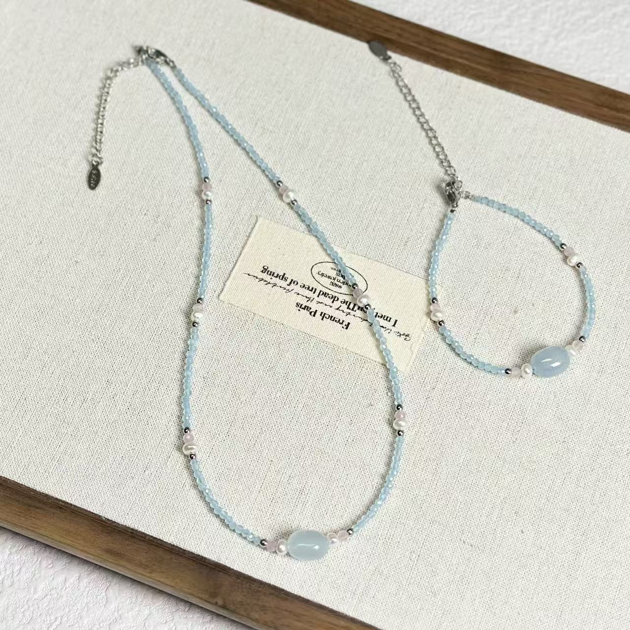Spring Summer New Blue Cat's Eye Freshwater Pearl Necklace Women Beaded Small Simple Collarbone Chain Necklace