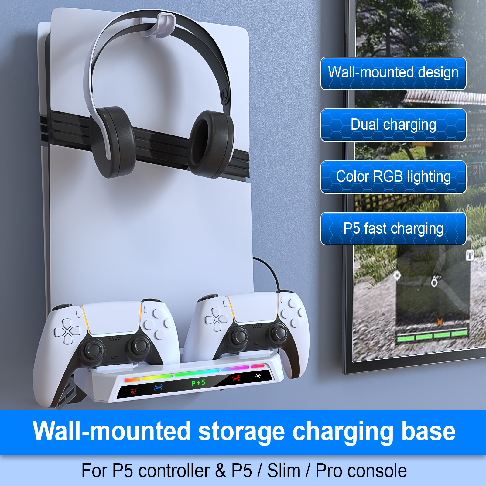 PS5pro/PS5slim/PS5 host universal wall bracket PS5 handle charger headphone rack with RGB light