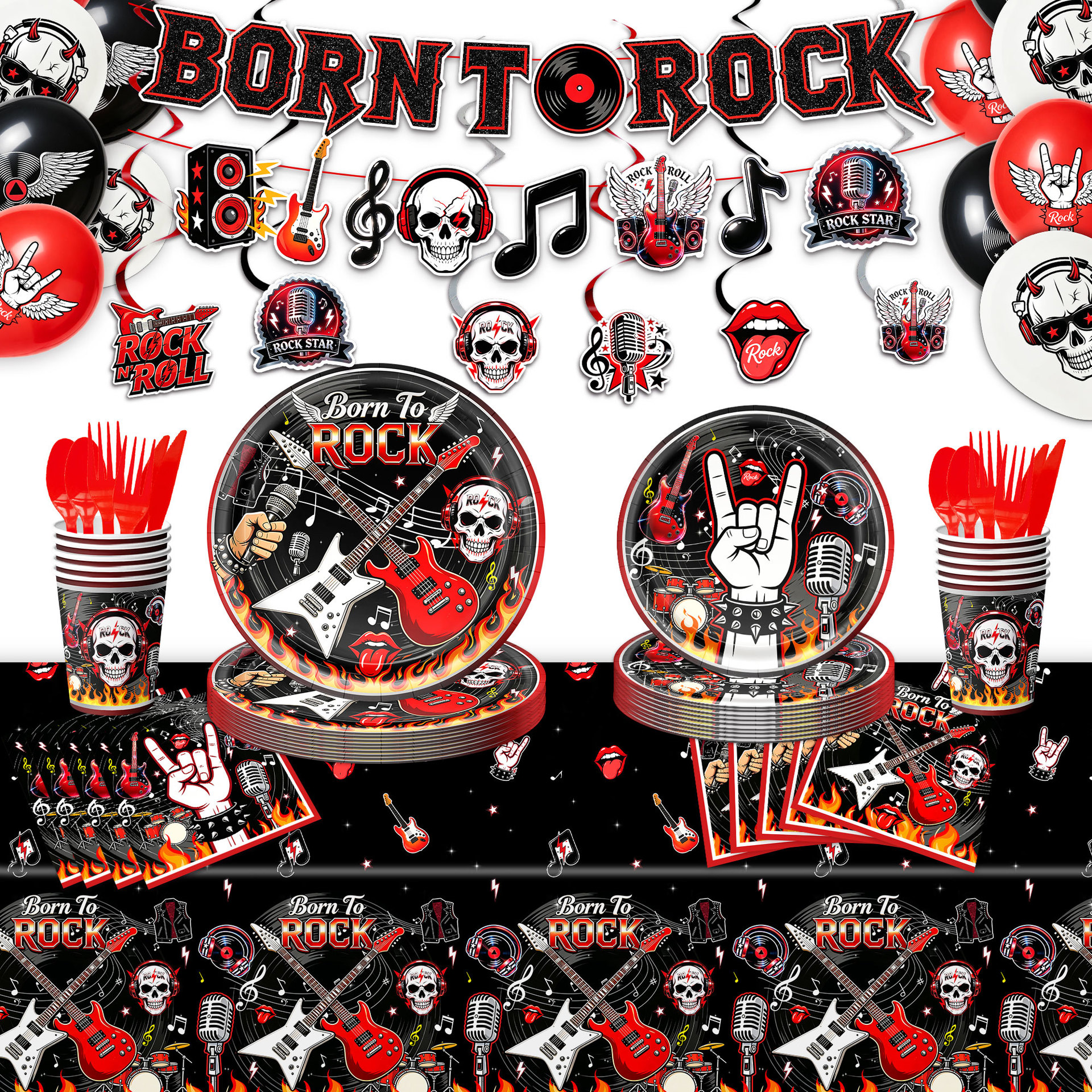 Rock Rock Skull Theme Birthday Party Set Disposable Paper Plate Paper Cup Tablecloth Bunting Flag Atmosphere Decoration