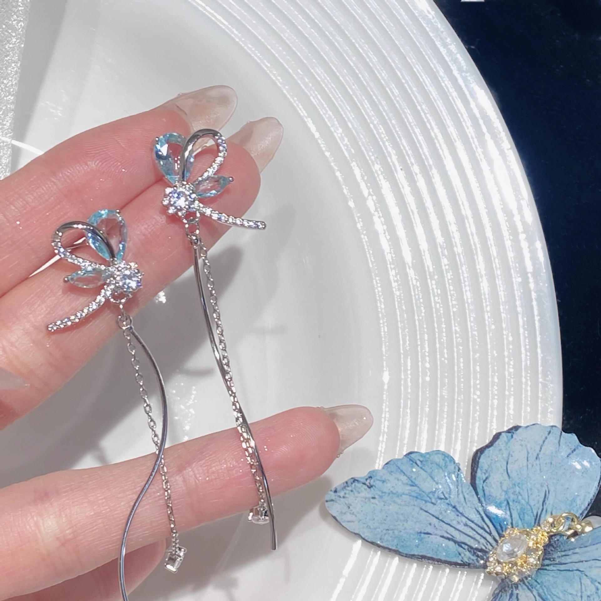 Blue Gradient Crystal Butterfly Long Tassel Ear Clips Super Fairy Simple Stud Earrings Ear Accessories