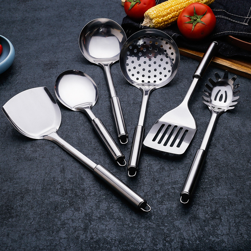 Thickened stainless steel spatula set for home use, soup spoon, high temperature resistant spatula, slotted spoon, kitchen, outdoor, hotel