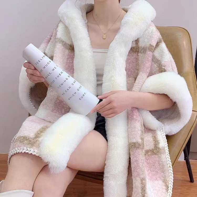 Live Loose Shawl Women 2023 Autumn Winter Cape Thickened Imitation Sheep Fur Collar Hooded Coat
