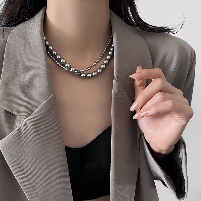 Swarovski Multi-Ma Silver-Gray Pearl Necklace for Women, Clavicle Chain, Layered Hoodie Chain, Women's Clavicle Chain