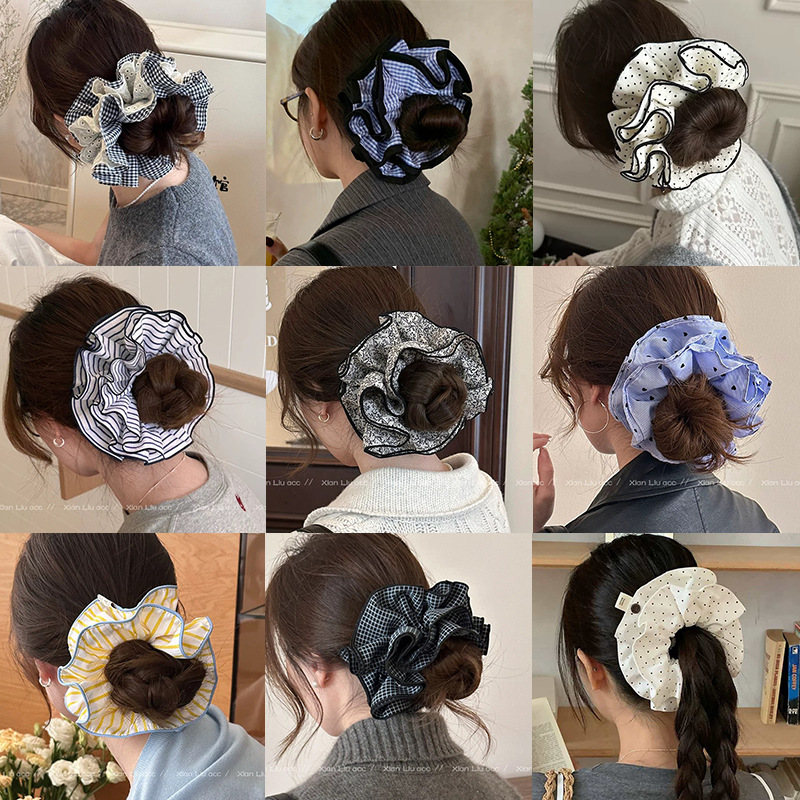 Plaid lace large hair scrunchie for women 2026 new hair tie extra large bun hair accessory head flower
