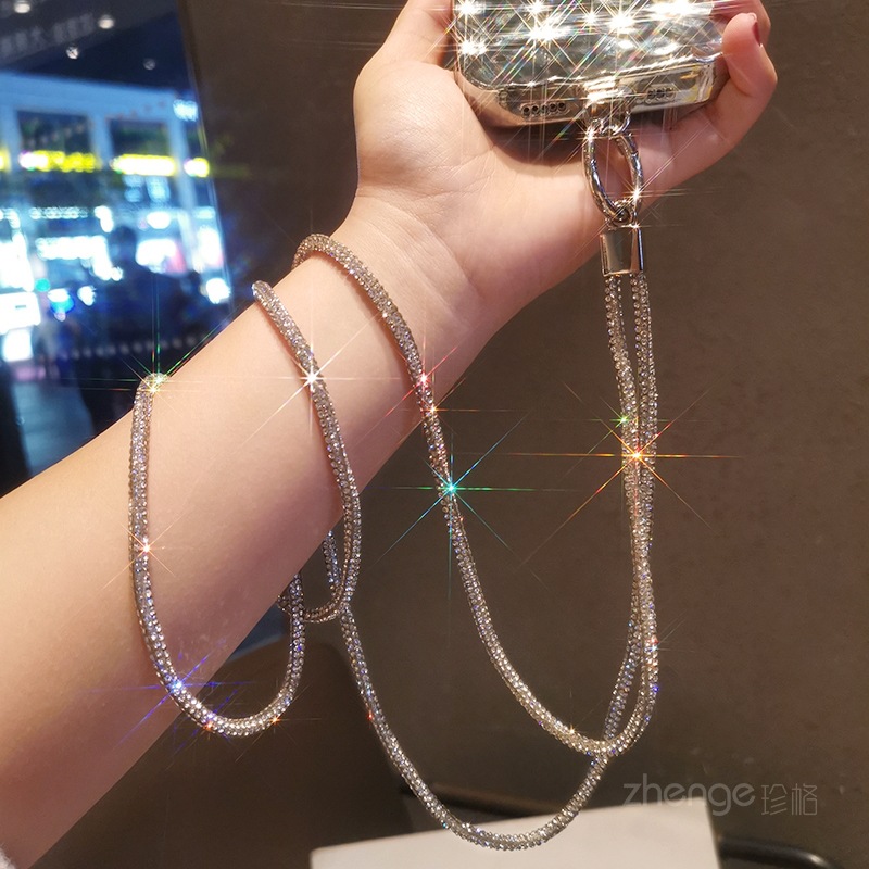 Diagonal full diamond hanging chain women's phone lanyard long back strap metal clip Nordic small fragrance style