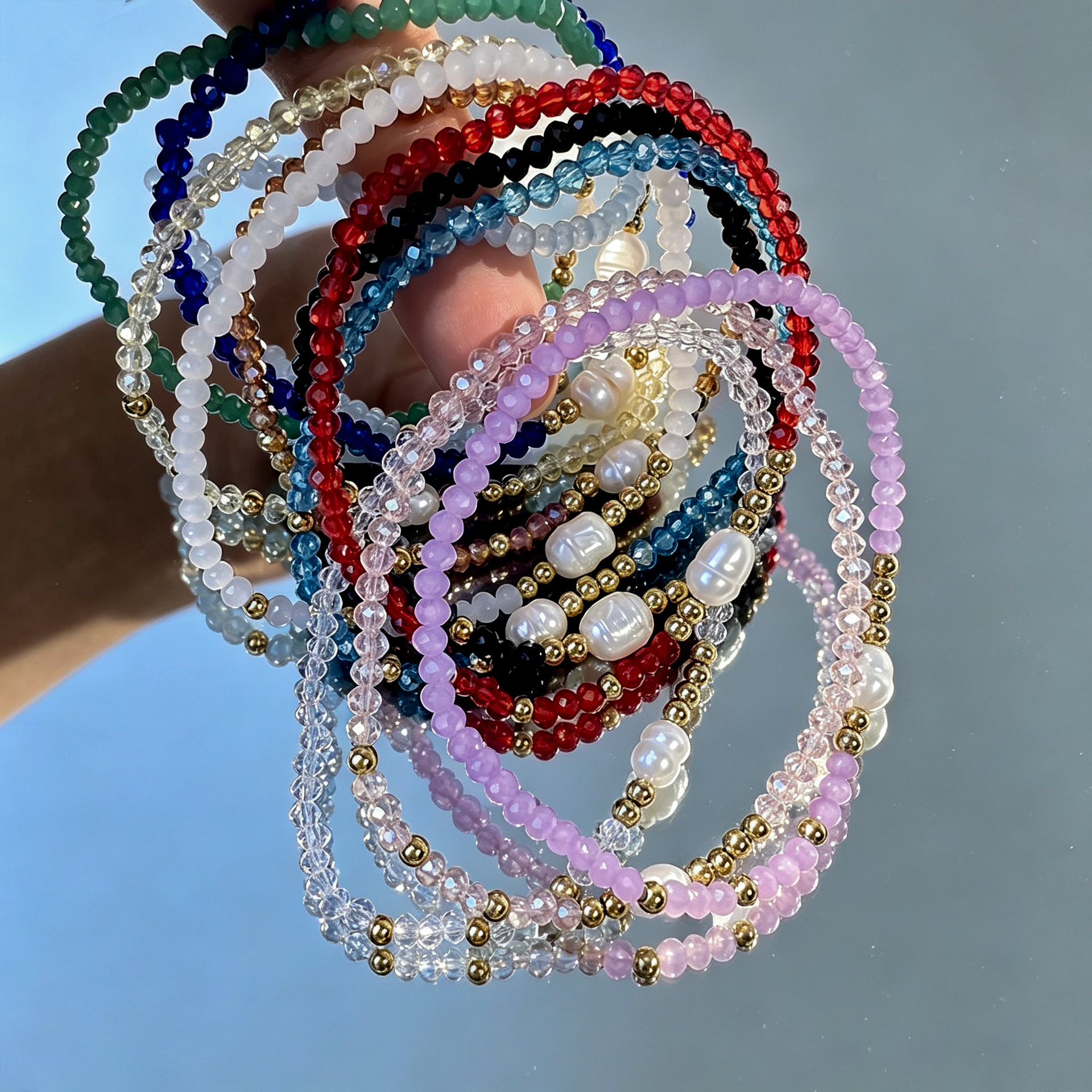 Simple 3mm Freshwater Pearl Bracelet: Sweet Best Friend Stretch Glass Layered Bracelet