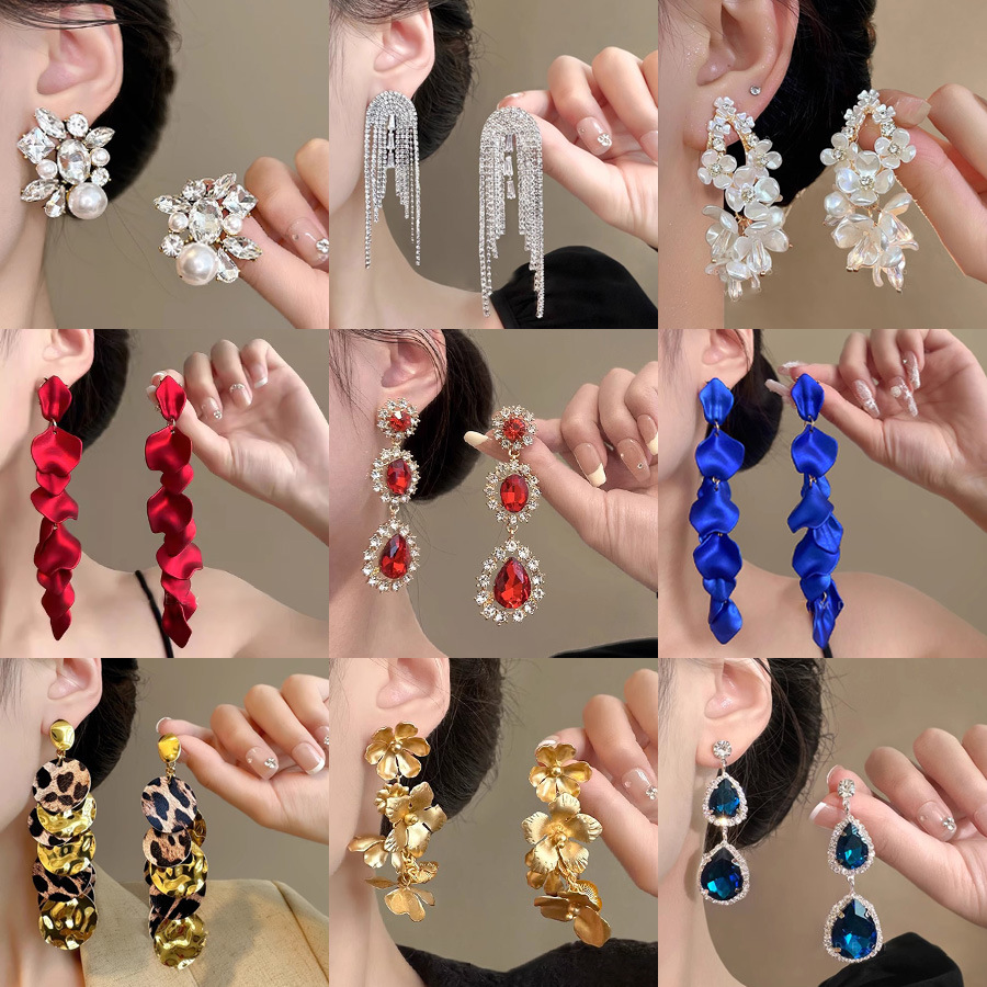 Full Diamond Long Tassel Earrings Exaggerated Long Stud Earrings Birthday Dinner Ear Accessories Ear Drops