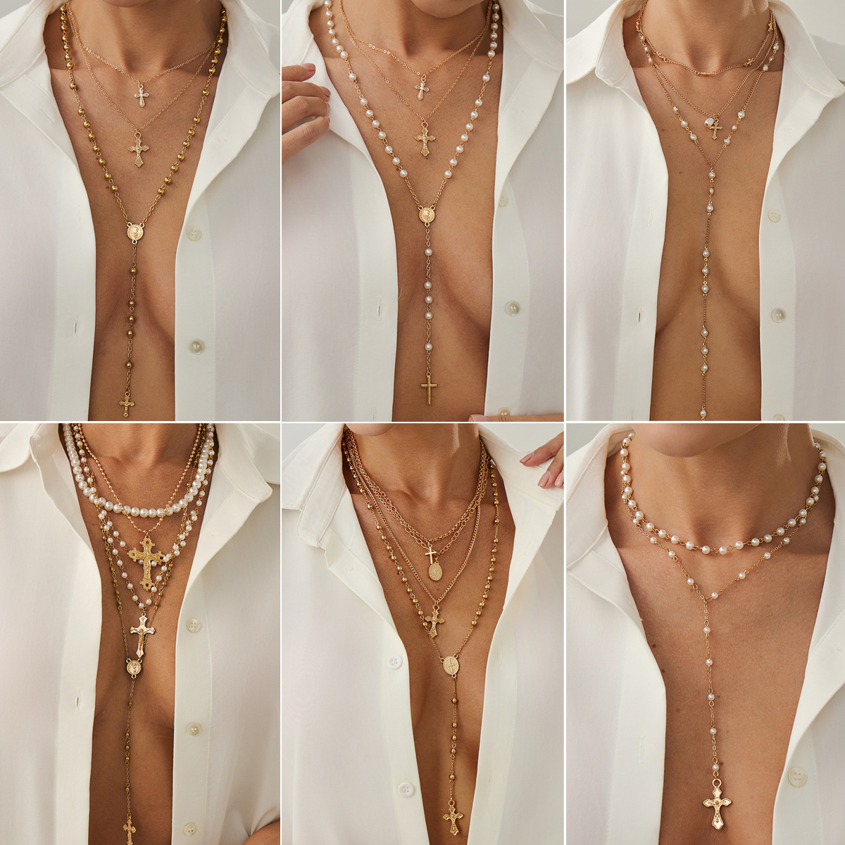 Jewelry cross metal pendant necklace elegant pearl bead Y-shaped锁骨链 multi-layer