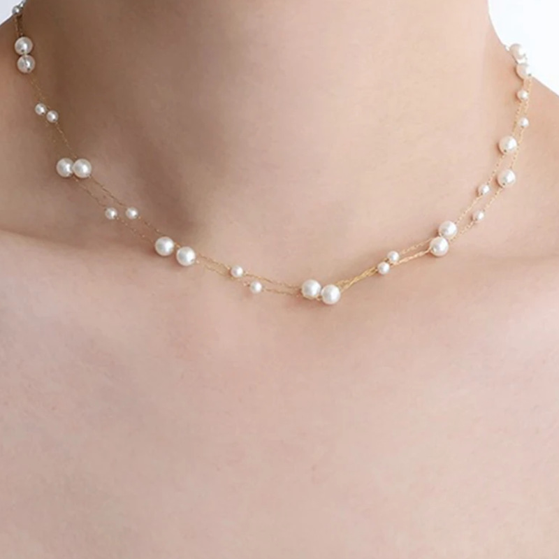 Rongshang Double-Layer Starry Sky Pearl Necklace Clavicle Chain Titanium Steel Pearl Necklace Accessory