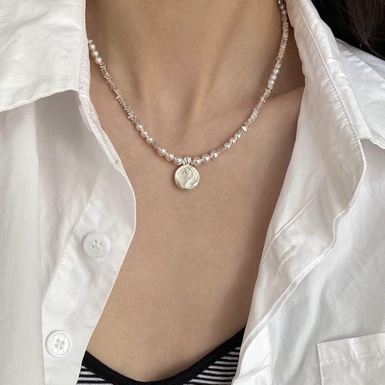 Yuanyou irregular crushed silver Shijia pearl necklace rose drop glaze collarbone chain