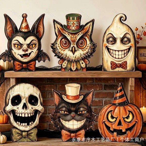 Distressed Halloween Pumpkin Shaped Wooden Tabletop Ornament Autumn Home Tabletop Craft Ornament
