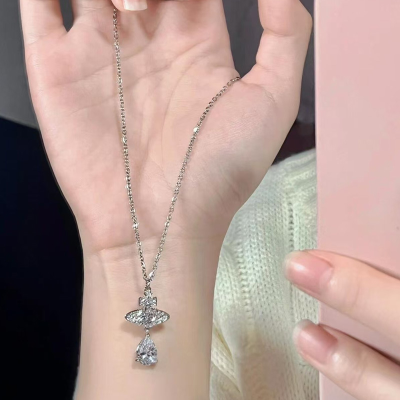 Versa Vivien Saturn Necklace Vivienne Westwood Mermaid Tears Full Diamond Pendant Necklace for Women Collarbone Chain
