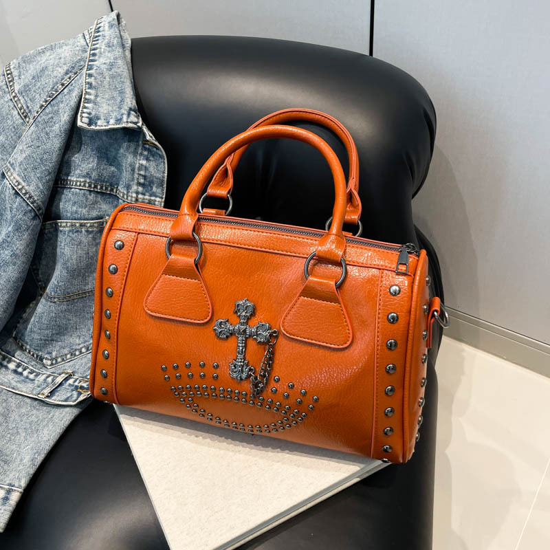 Large Capacity Punk Style Commuter Boston Cylinder Handheld Bag for Women Niche Rivet Shoulder Bag