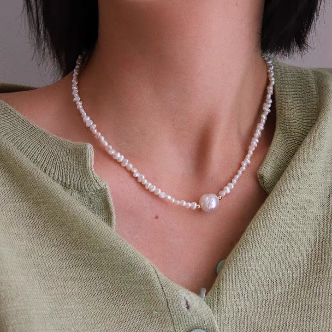 'Wrinkle' minimalist design natural freshwater pearl necklace colorful baroque millet niche锁骨链 for women