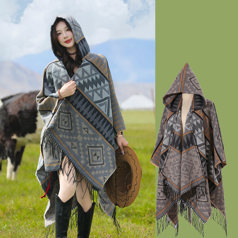 Sichuan Tibet Bohemian Photo Knit Shawl Scenic Area Hooded Scarf Cape Yunnan Cape Shawl Women