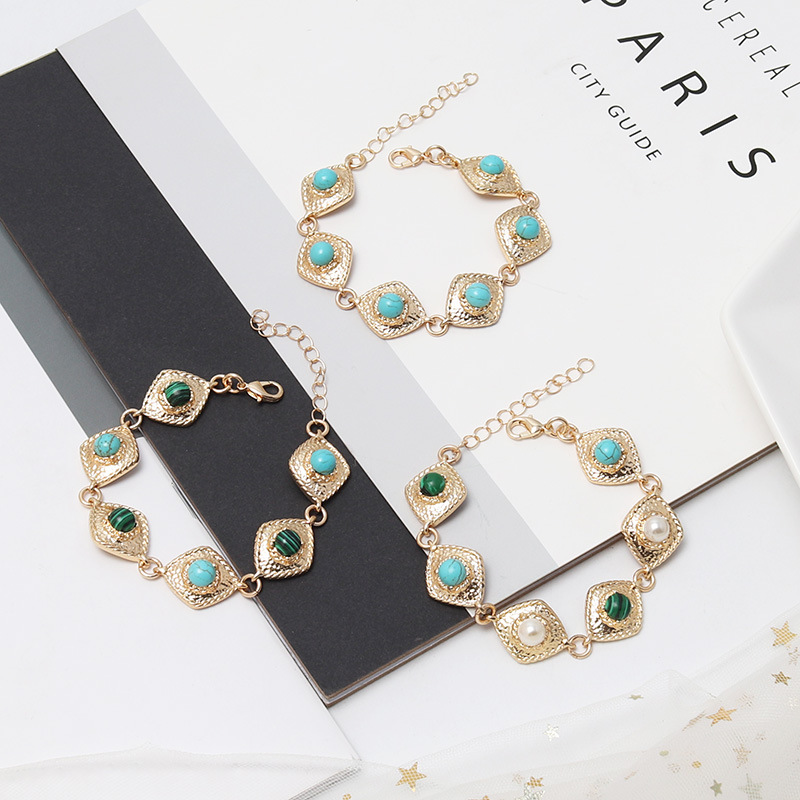 Wind Accessories Alloy Inlaid Turquoise Exquisite Textured Baroque Bracelet