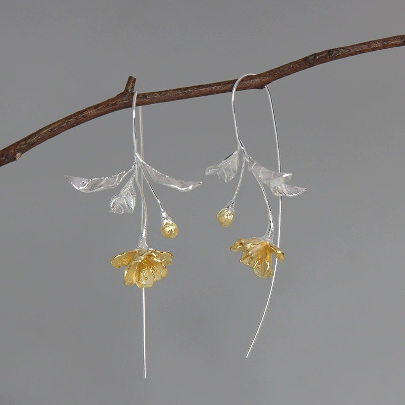 'Begonia Still' 925 Sterling Silver Earrings Long Super Fairy Flower Style Matching Skirt