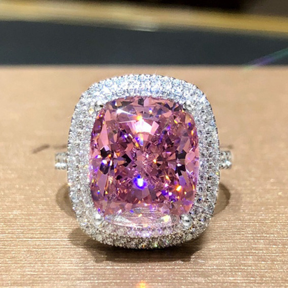 Rectangular pink zircon ring elegant micro-set zircon ring jewelry