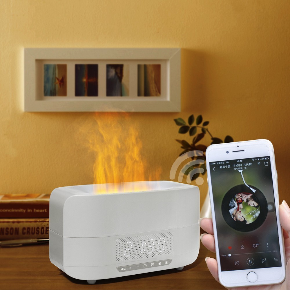 New Simulation Flame Aromatherapy Humidifier Bluetooth Speaker Atmosphere Light Digital Clock Gift Gift