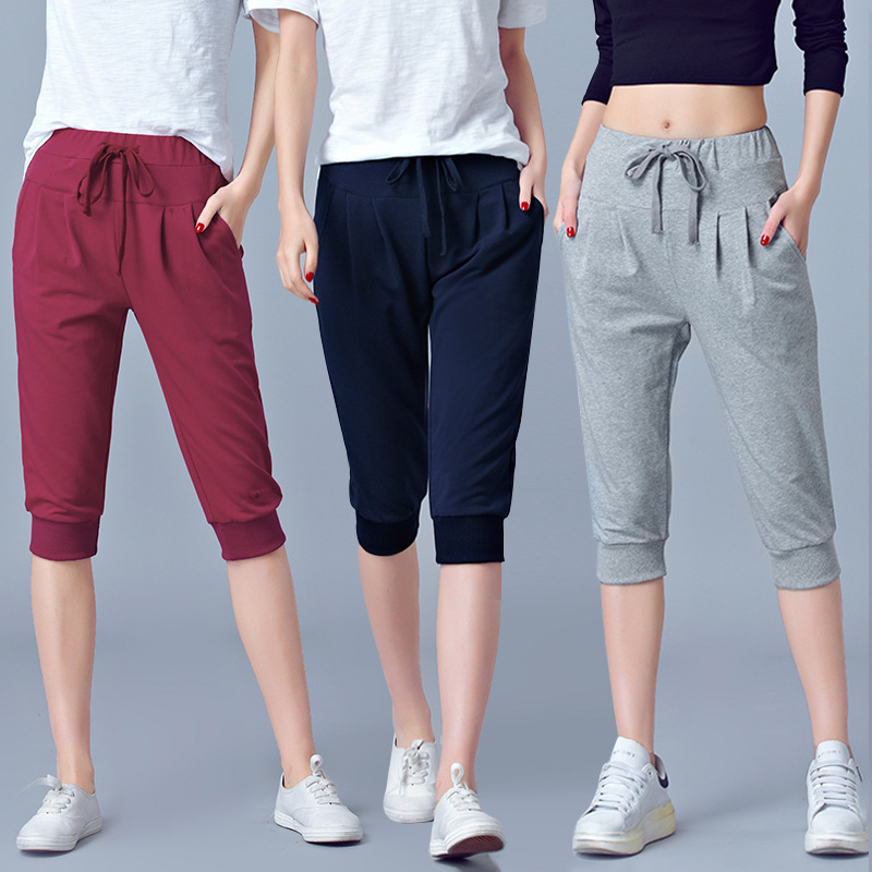 High waist elastic seven-tenths pants women summer thin sports pants loose harem pants 200 jin fat mm plus size casual women pants