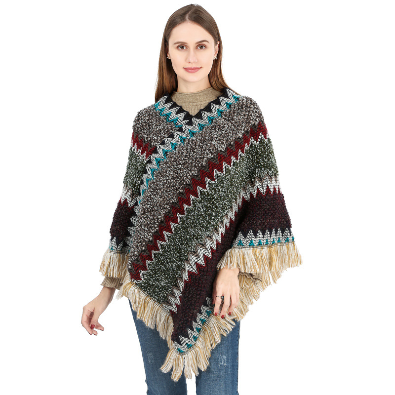 Colorful Ethnic Style Pullover Cape Women Poncho Acrylic Women Knit Cape Warm Autumn Winter Shawl