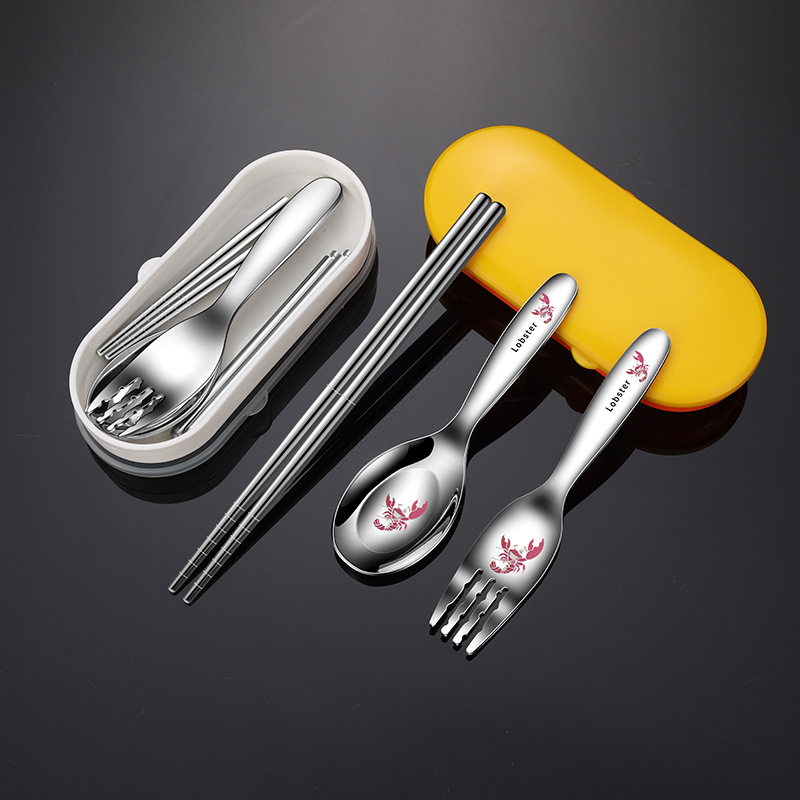 316L portable cutlery set cartoon spoon fork chopsticks three-piece student outdoor portable picnic spoon chopsticks