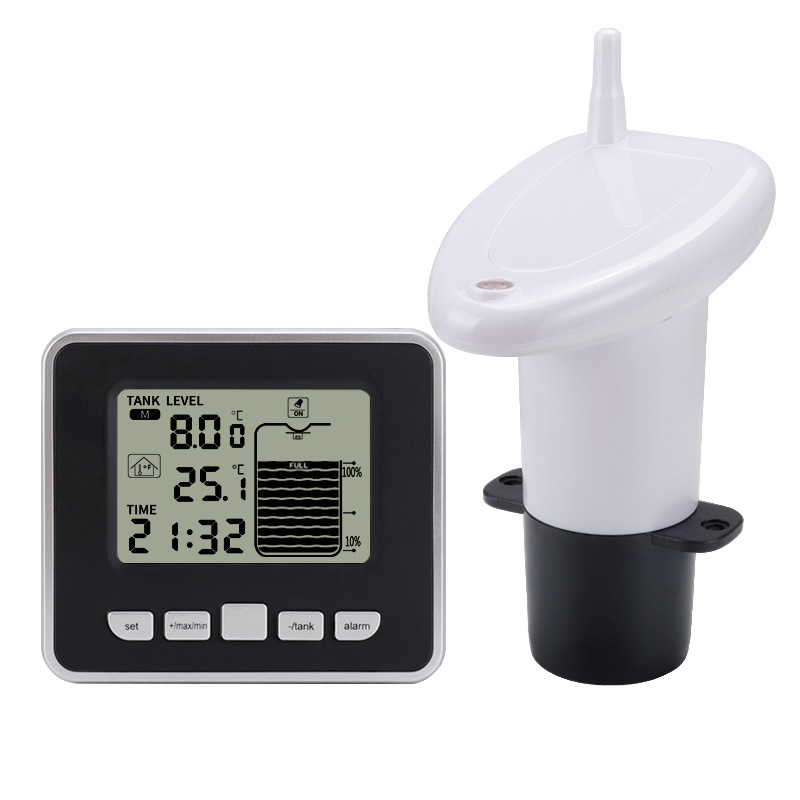 Multifunctional Ultrasonic Water Tank Level Meter Water Level Gauge with Indoor Thermometer Digital Electronic Clock Thermometer