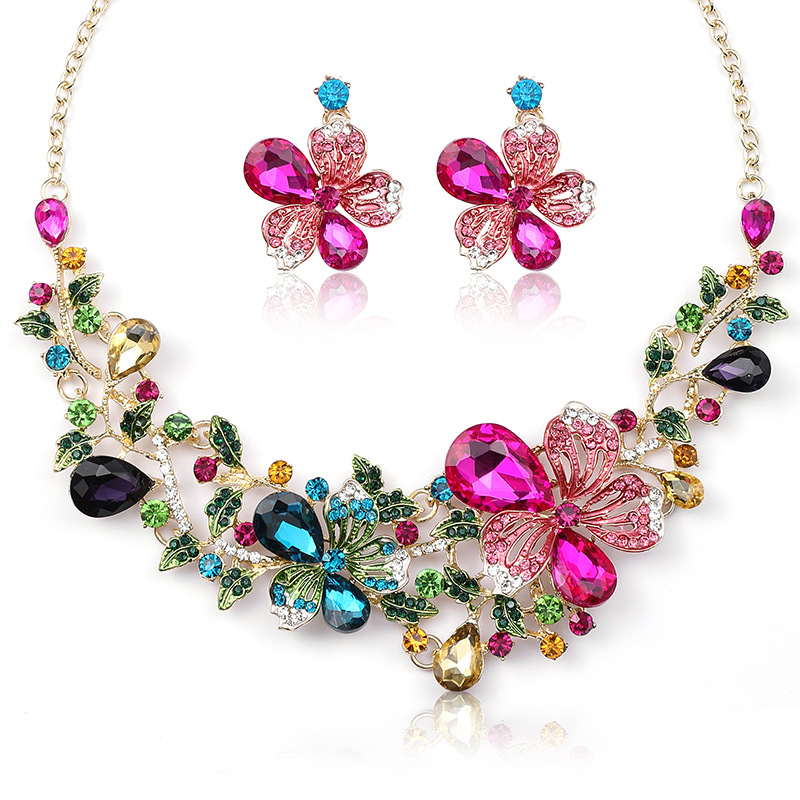 2022 New Colorful Flower Necklace Set Women Bright Bride Necklace Oil Painting Gemstone Collarbone Chain