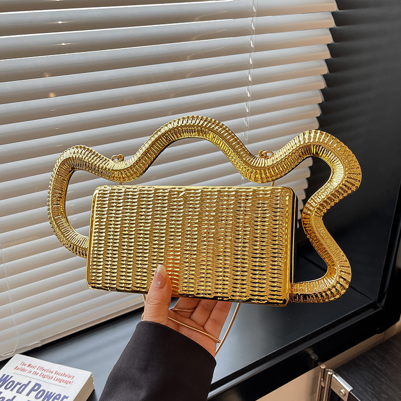 Wave Handle Evening Bag Metal Woven Small Square Bag Banquet Handbag