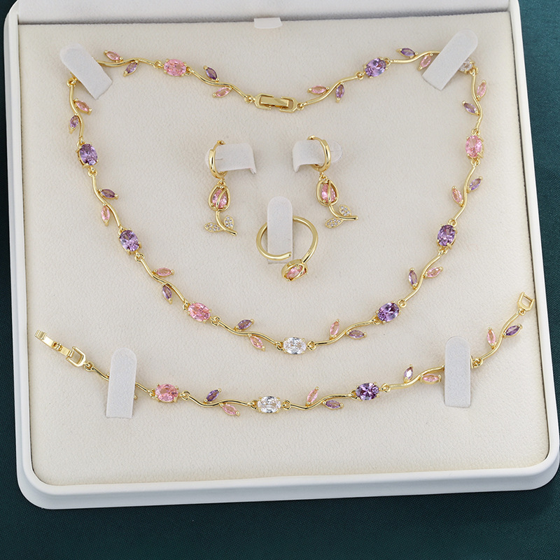 Copper Inlaid Colorful Diamond Tulip Bracelet, Necklace Unique Super Shiny Branch and Flower Jewelry Set