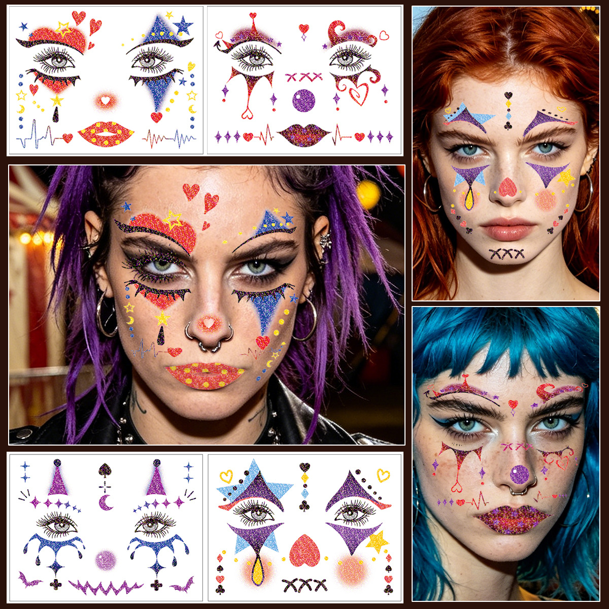 New Product Glitter Clown Face Sticker Halloween Tattoo Sticker Poker Party Temporary Tattoo Sticker Paper