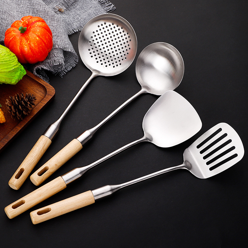 304 stainless steel kitchenware set, solid wood handle, home cooking spatula, soup spoon, slotted spoon, kitchen supplies, hotel