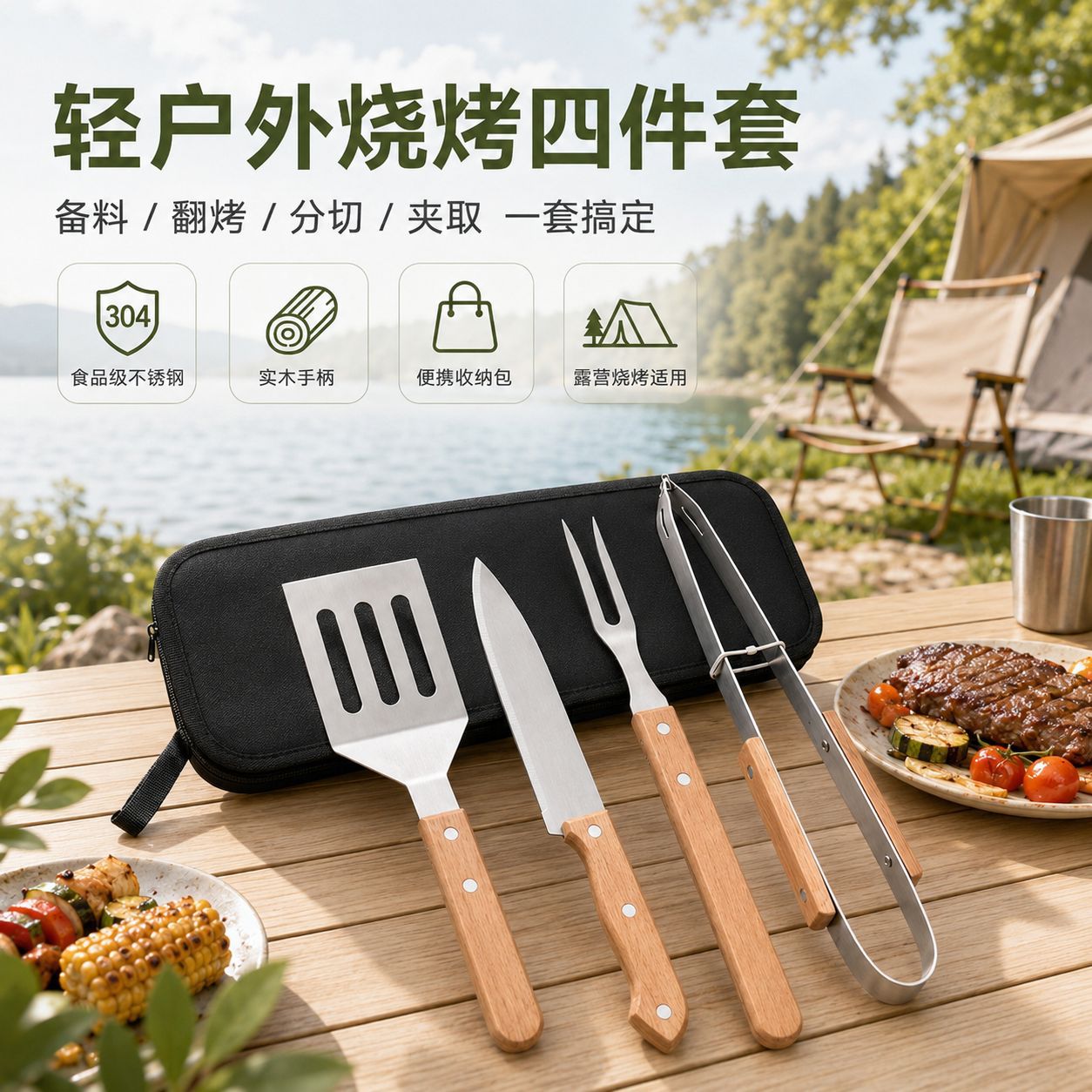 Outdoor Camping BBQ Tools Set Wooden Handle Fork Spatula Tongs BBQ Accessories Bag Stainless Steel BBQ Tools