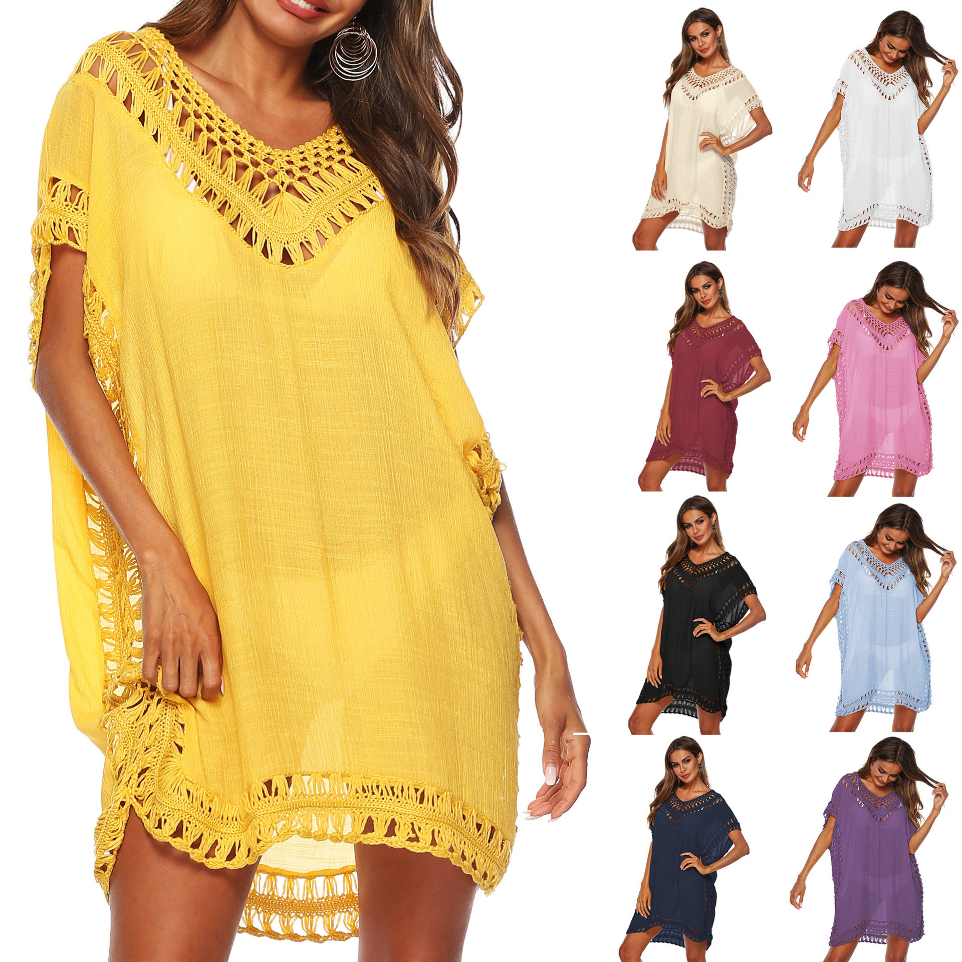 Women's V-Neck Hand-Crocheted Cover-Up Sexy Cutout Loose Beach Cover-Up Dress 1965 Ten Colors Available