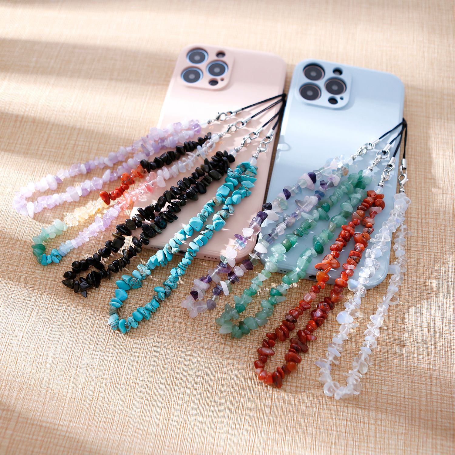 Natural Crystal Phone Lanyard Stone DIY Pink Crushed Stone Phone Case Portable Chain