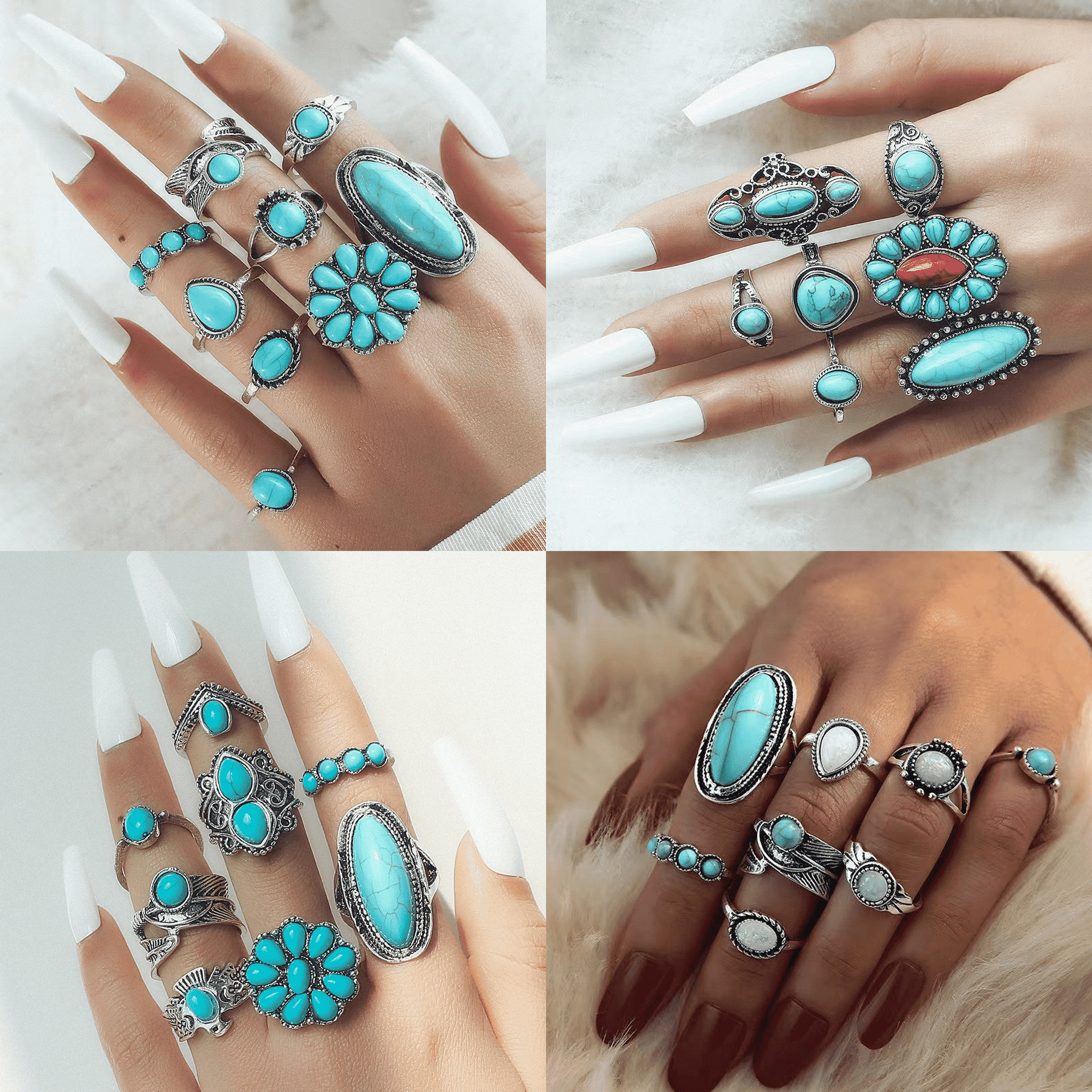 Ethnic Style Turquoise Carved Feather Ring 8-Piece Combination Ring Set