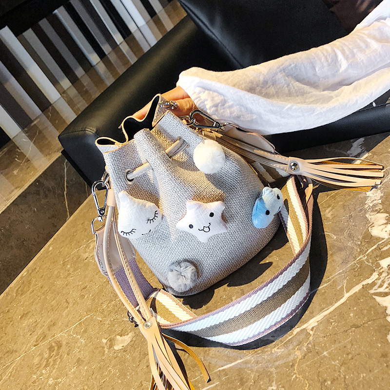 Cartoon Cute Girl Star Plush Linen Paper Straw Bag Drawstring Bucket Mother-Child Bag Two-Piece Set Fresh