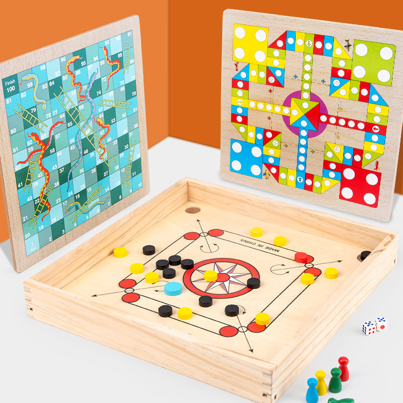 Children's Wooden Multi-functional Board Game: Flying Chess, Snake Chess, Checkers, and Carrom in One, Tabletop Puzzle Game for Students and Adults